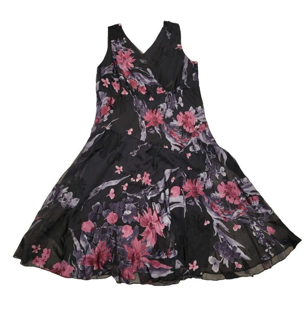 Dressbarn Collection Black Pink Purple Floral V-Neck A-Line Dress 20W Midi
